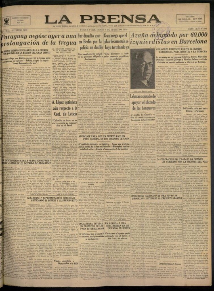 Miniatura de La Prensa: único diario español e hispano americano en Nueva York del 8 de enero de 1934, nº 5289