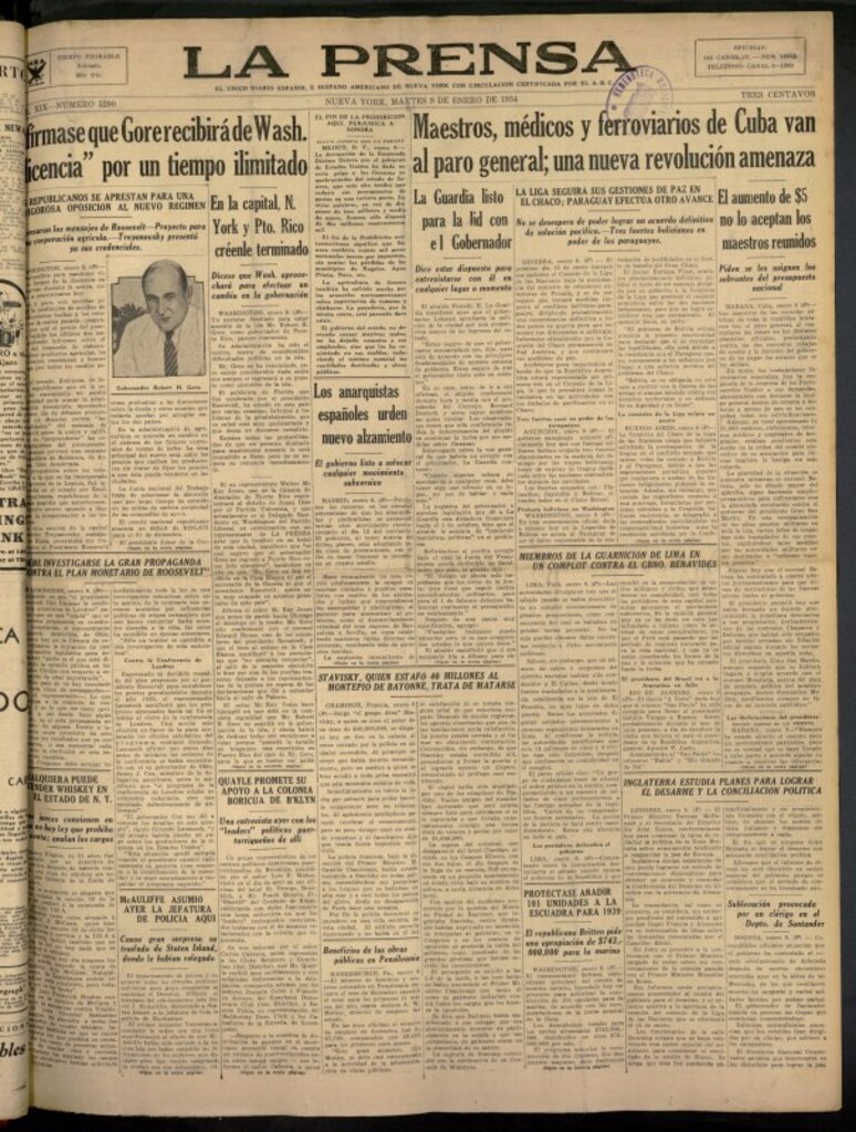 Miniatura de La Prensa: único diario español e hispano americano en Nueva York del 9 de enero de 1934, nº 5290