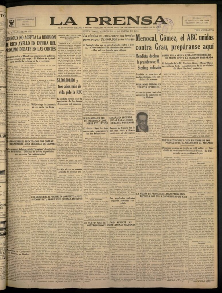 Miniatura de La Prensa: único diario español e hispano americano en Nueva York del 10 de enero de 1934, nº 5291