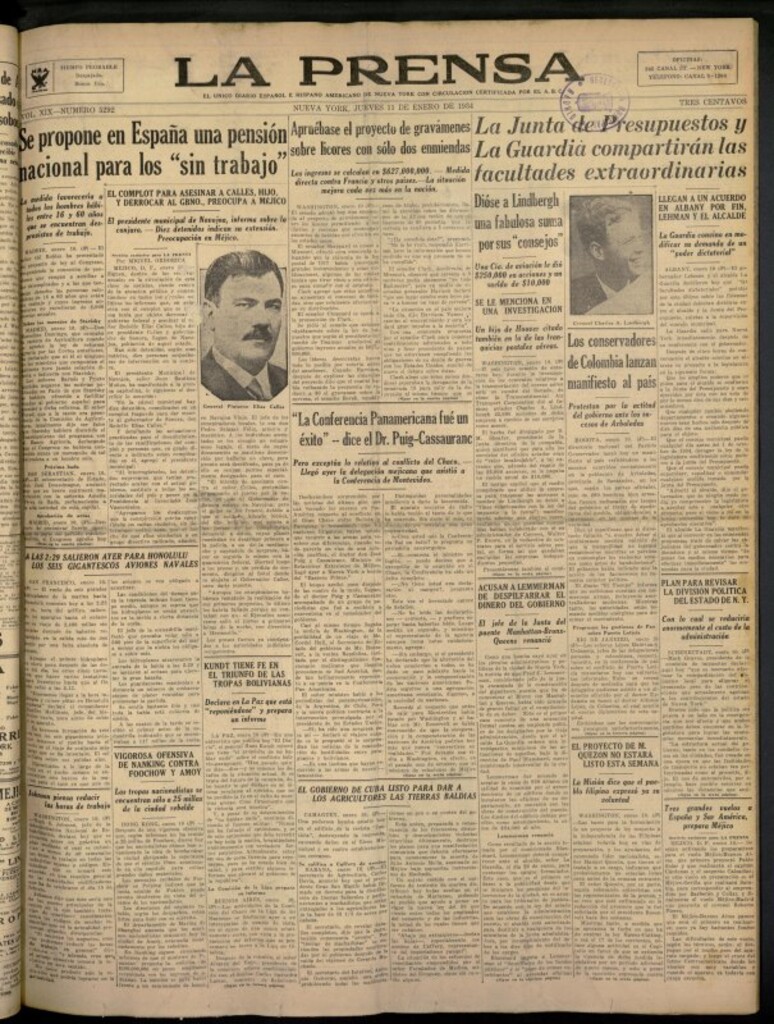 Miniatura de La Prensa: único diario español e hispano americano en Nueva York del 11 de enero de 1934, nº 5292