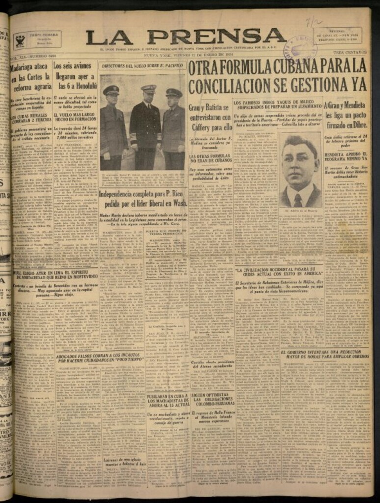 Miniatura de La Prensa: único diario español e hispano americano en Nueva York del 12 de enero de 1934, nº 5293