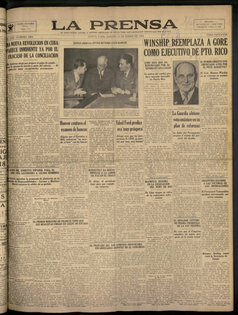 Miniatura de La Prensa: único diario español e hispano americano en Nueva York del 13 de enero de 1934, nº 5294