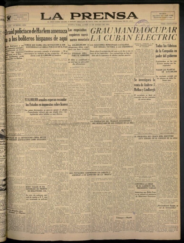 Miniatura de La Prensa: único diario español e hispano americano en Nueva York del 15 de enero de 1934, nº 5295