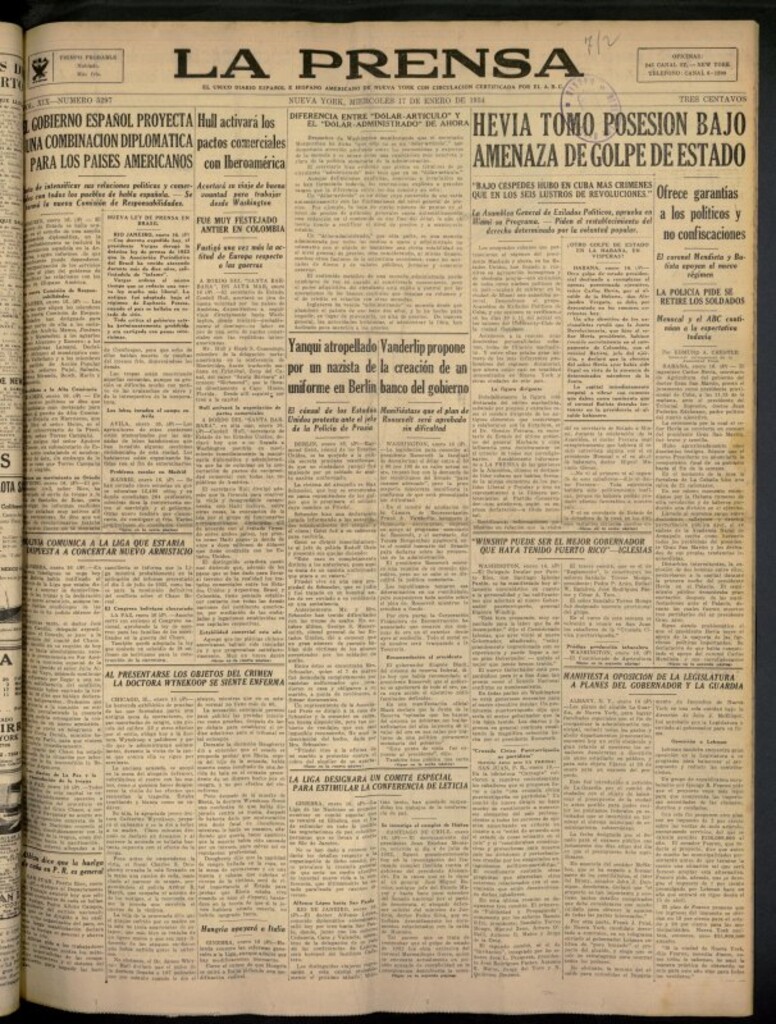 Miniatura de La Prensa: único diario español e hispano americano en Nueva York del 17 de enero de 1934, nº 5297