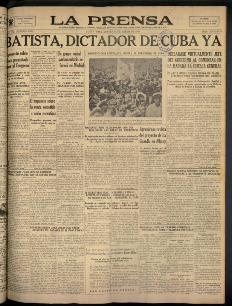 Miniatura de La Prensa: único diario español e hispano americano en Nueva York del 18 de enero de 1934, nº 5298
