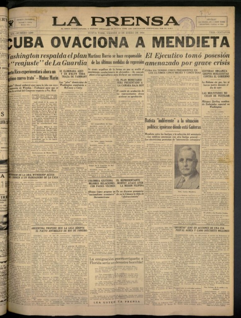 Miniatura de La Prensa: único diario español e hispano americano en Nueva York del 19 de enero de 1934, nº 5299