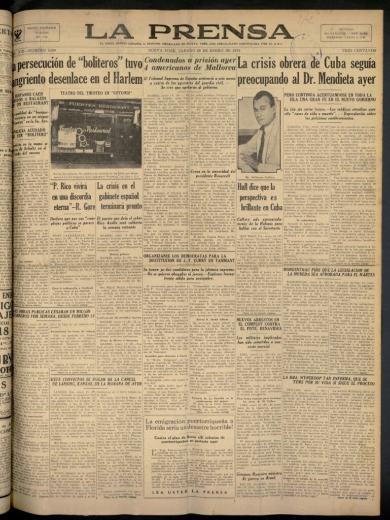 Miniatura de La Prensa: único diario español e hispano americano en Nueva York del 20 de enero de 1934, nº 5300