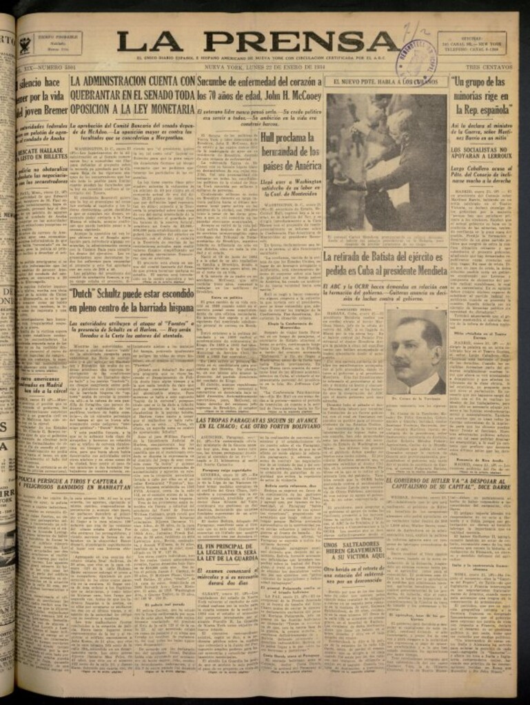 Miniatura de La Prensa: único diario español e hispano americano en Nueva York del 22 de enero de 1934, nº 5301
