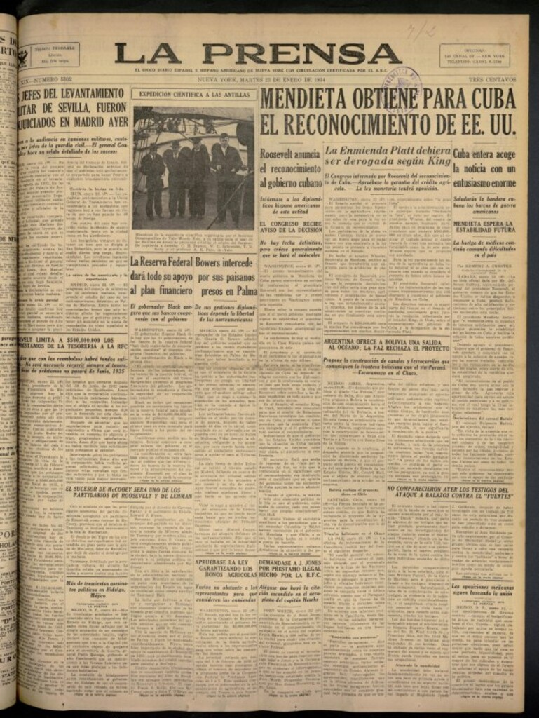 Miniatura de La Prensa: único diario español e hispano americano en Nueva York del 23 de enero de 1934, nº 5302