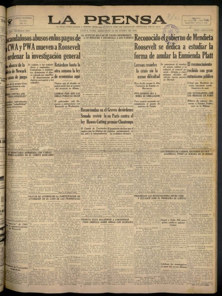 Miniatura de La Prensa: único diario español e hispano americano en Nueva York del 24 de enero de 1934, nº 5303