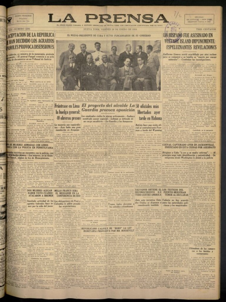 Miniatura de La Prensa: único diario español e hispano americano en Nueva York del 26 de enero de 1934, nº 5305