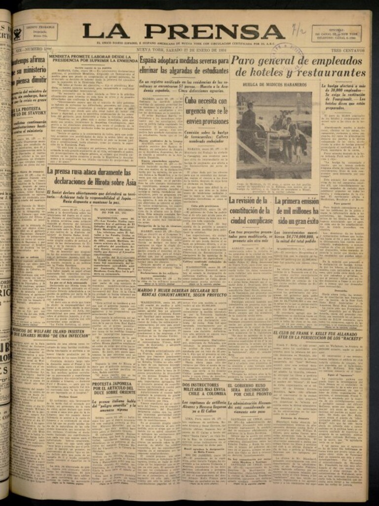 Miniatura de La Prensa: único diario español e hispano americano en Nueva York del 27 de enero de 1934, nº 5306