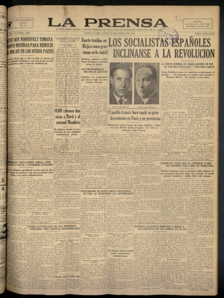 Miniatura de La Prensa: único diario español e hispano americano en Nueva York del 29 de enero de 1934, nº 5307