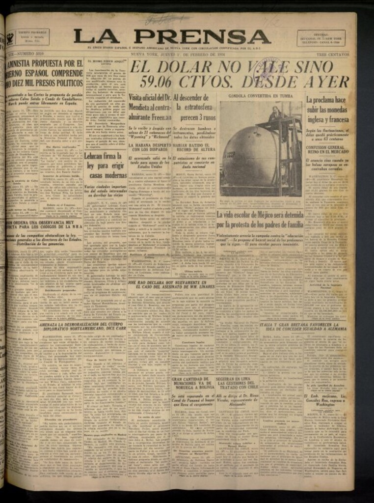 Miniatura de La Prensa: único diario español e hispano americano en Nueva York del 1 de febrero de 1934, nº 5310