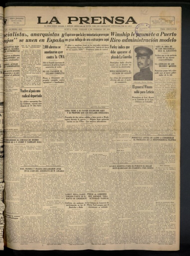 Miniatura de La Prensa: único diario español e hispano americano en Nueva York del 2 de febrero de 1934, nº 5311