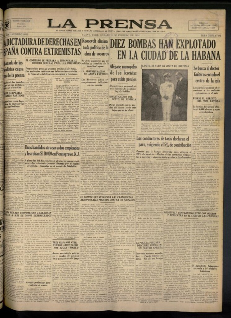 Miniatura de La Prensa: único diario español e hispano americano en Nueva York del 3 de febrero de 1934, nº 5312