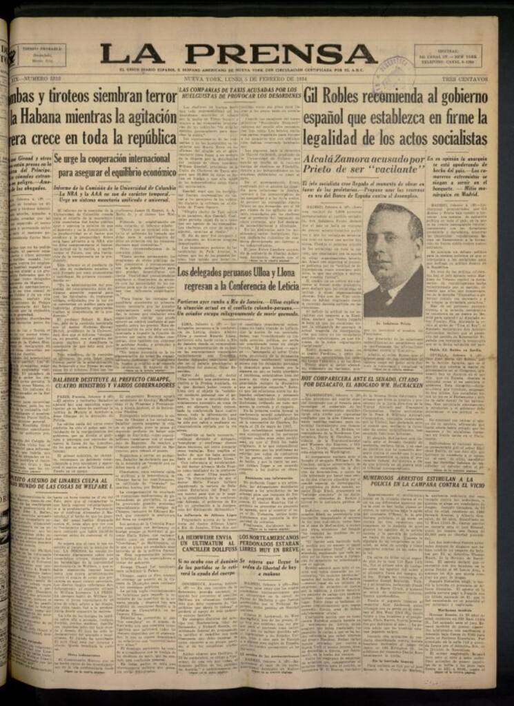 Miniatura de La Prensa: único diario español e hispano americano en Nueva York del 5 de febrero de 1934, nº 5313
