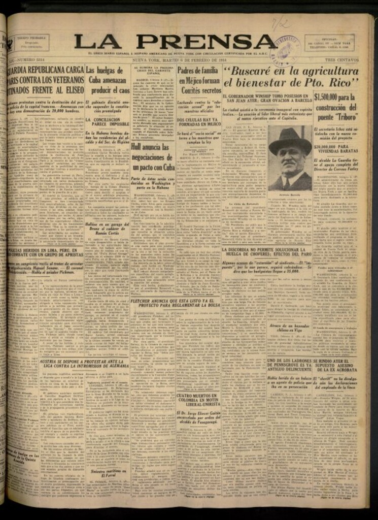 Miniatura de La Prensa: único diario español e hispano americano en Nueva York del 6 de febrero de 1934, nº 5314
