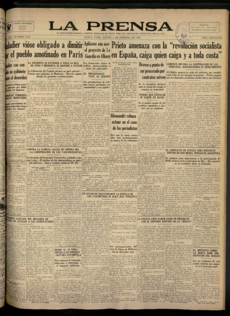 Miniatura de La Prensa: único diario español e hispano americano en Nueva York del 8 de febrero de 1934, nº 5316