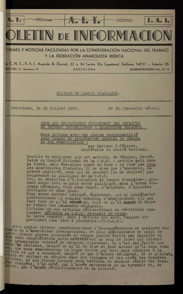 Miniatura de Boletín de Información (Barcelona. 1937) (Ed. en langue française)