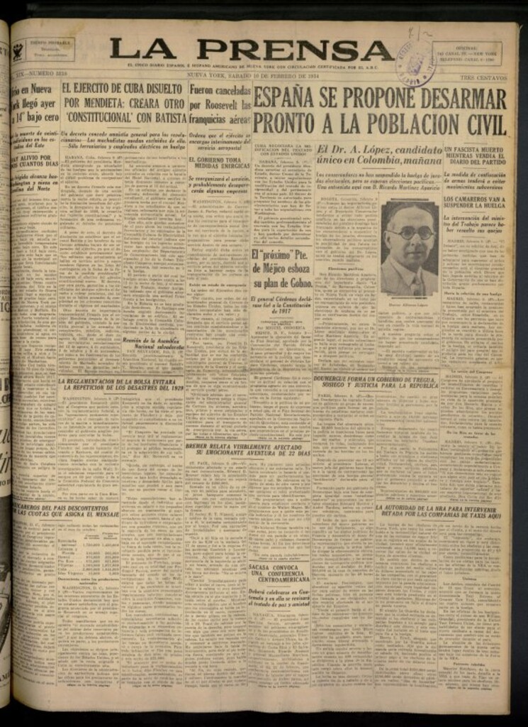 Miniatura de La Prensa: único diario español e hispano americano en Nueva York del 10 de febrero de 1934, nº 5318