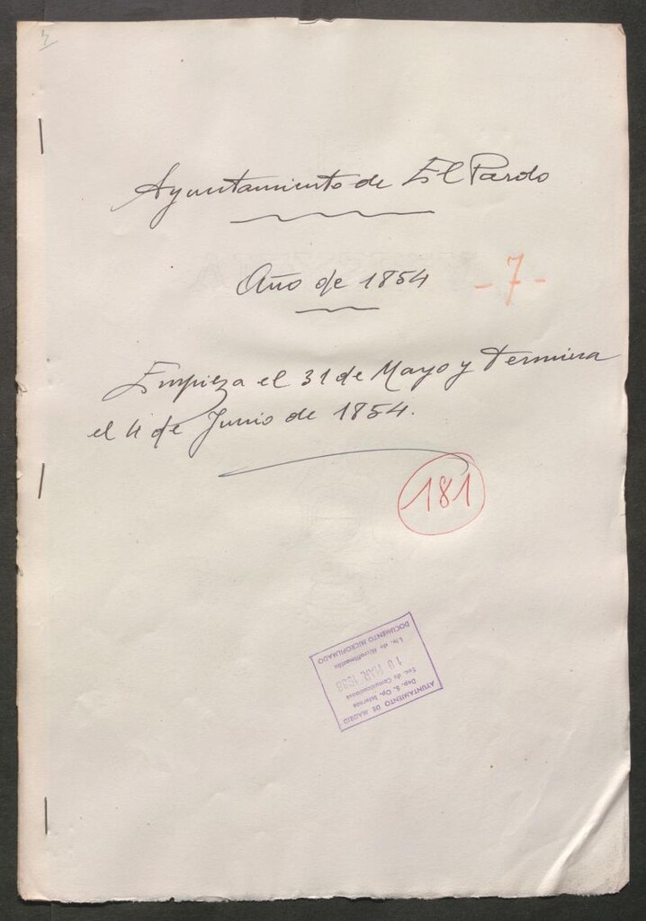 Miniatura de Actas y acuerdos del ayuntamiento de El Pardo de 1854. Libro 181.