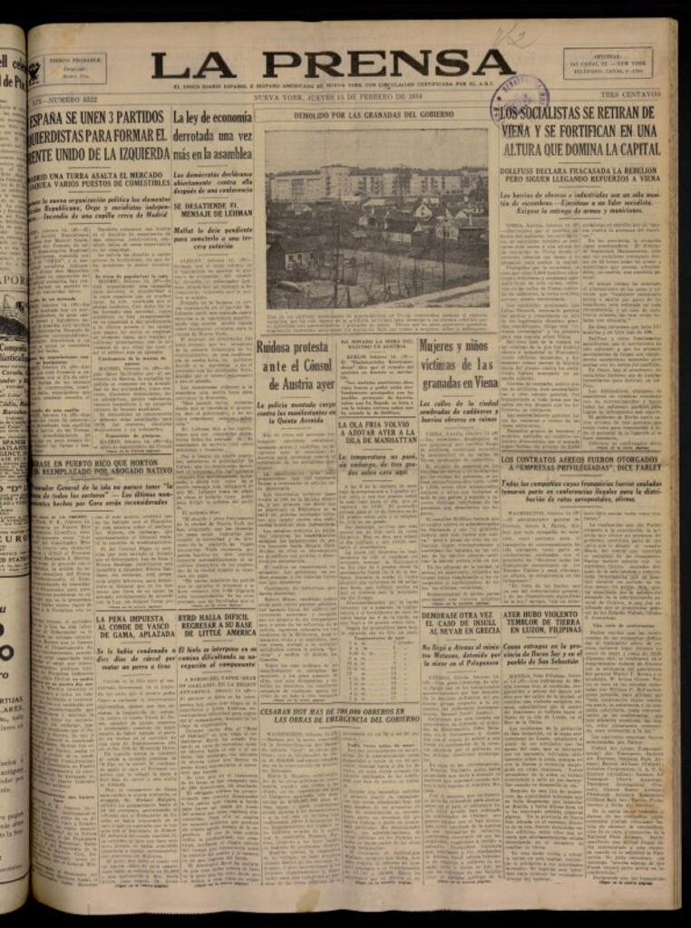 Miniatura de La Prensa: único diario español e hispano americano en Nueva York del 15 de febrero de 1934, nº 5322