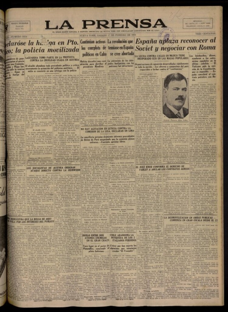 Miniatura de La Prensa: único diario español e hispano americano en Nueva York del 17 de febrero de 1934, nº 5324