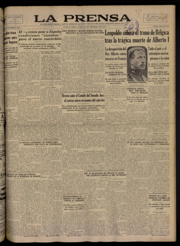Miniatura de La Prensa: único diario español e hispano americano en Nueva York del 19 de febrero de 1934, nº 5325