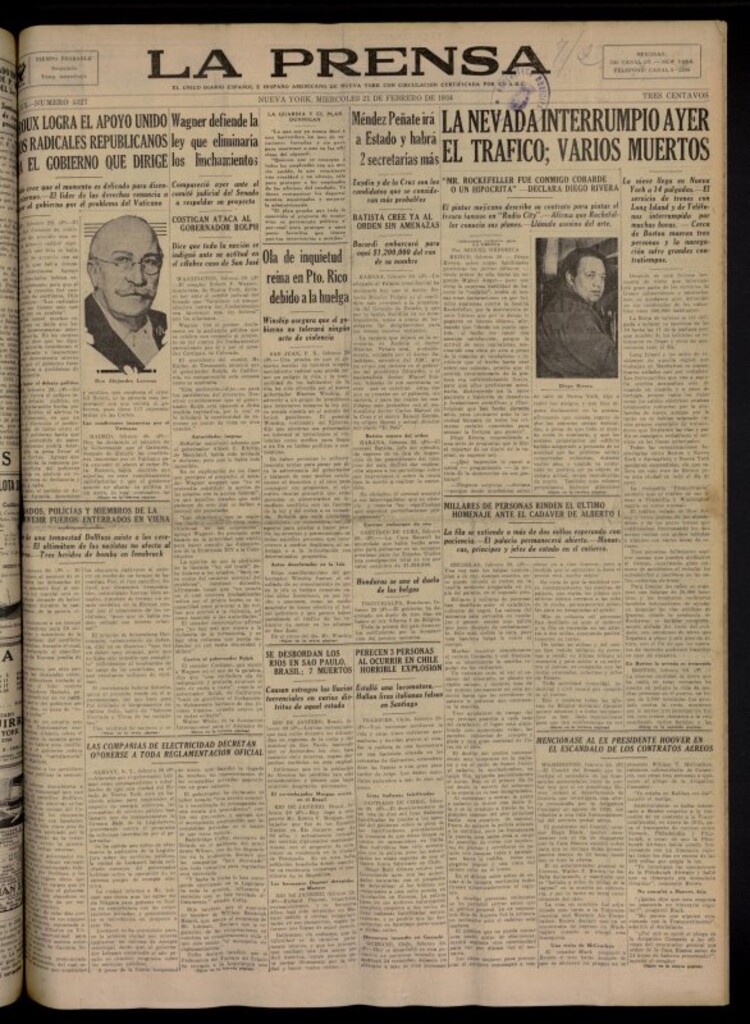 Miniatura de La Prensa: único diario español e hispano americano en Nueva York del 21 de febrero de 1934, nº 5327