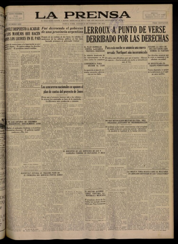 Miniatura de La Prensa: único diario español e hispano americano en Nueva York del 22 de febrero de 1934, nº 5328