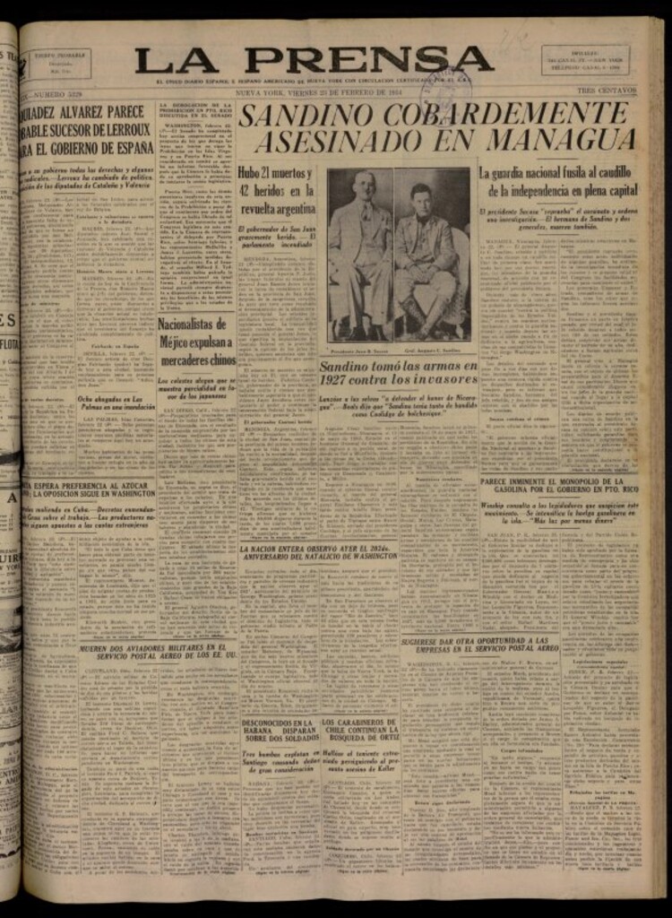 Miniatura de La Prensa: único diario español e hispano americano en Nueva York del 23 de febrero de 1934, nº 5329