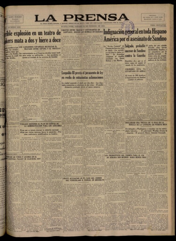 Miniatura de La Prensa: único diario español e hispano americano en Nueva York del 24 de febrero de 1934, nº 5330