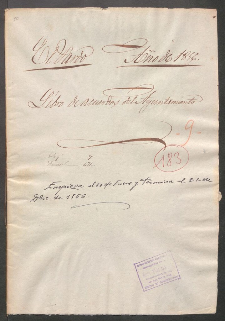 Miniatura de Actas y acuerdos del ayuntamiento de El Pardo de 1856. Libro 183.
