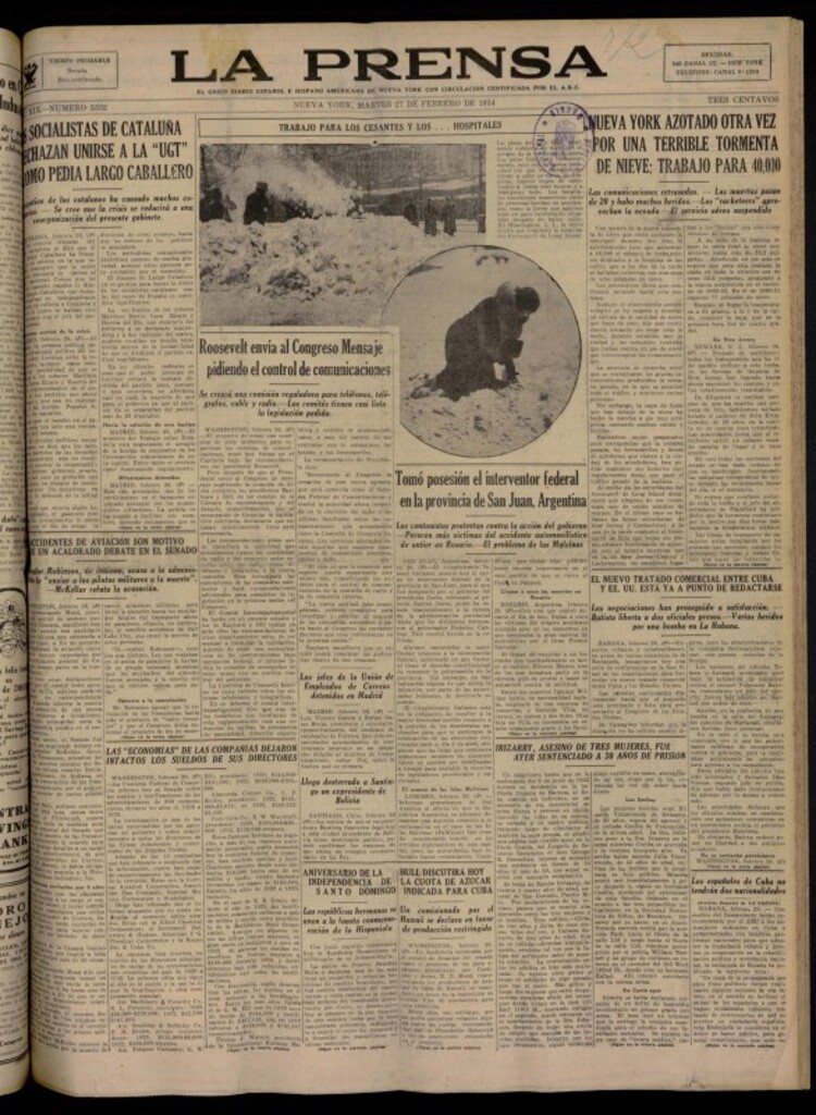 Miniatura de La Prensa: único diario español e hispano americano en Nueva York del 27 de febrero de 1934, nº 5332