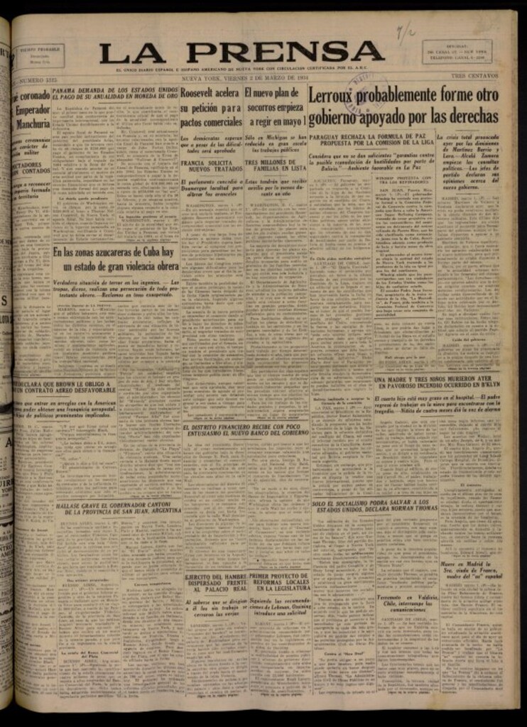 Miniatura de La Prensa: único diario español e hispano americano en Nueva York del 2 de marzo de 1934, nº 5335