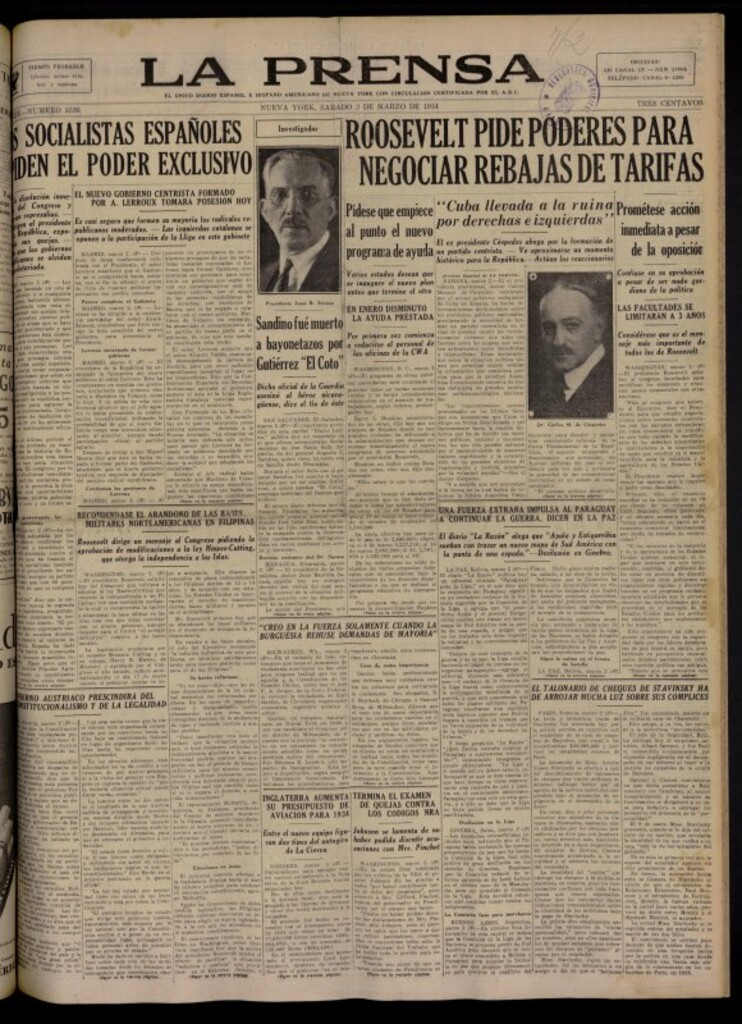 Miniatura de La Prensa: único diario español e hispano americano en Nueva York del 3 de marzo de 1934, nº 5336