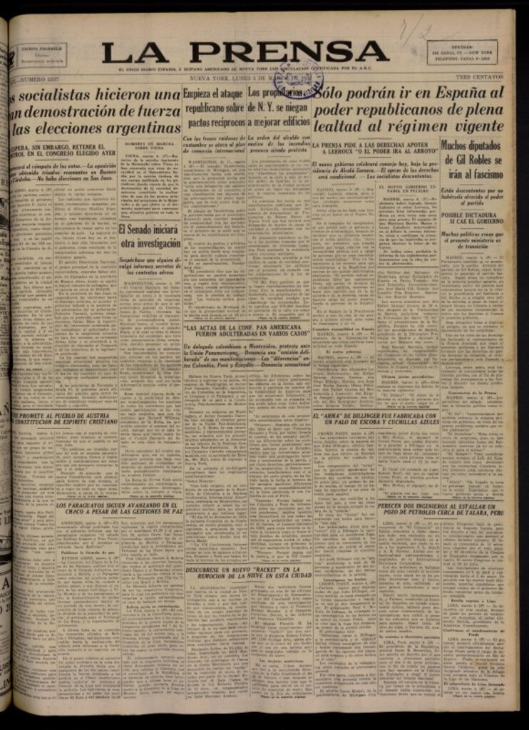 Miniatura de La Prensa: único diario español e hispano americano en Nueva York del 5 de marzo de 1934, nº 5337