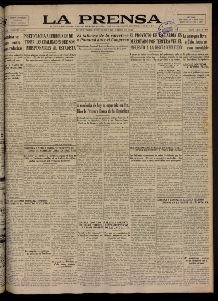 Miniatura de La Prensa: único diario español e hispano americano en Nueva York del 7 de marzo de 1934, nº 5339