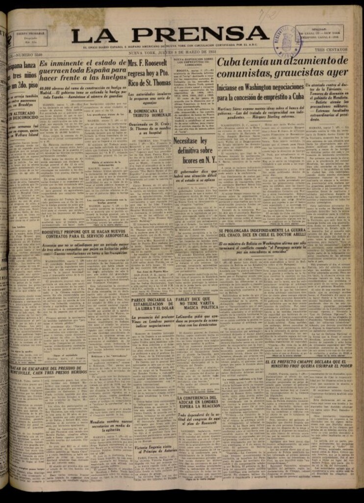 Miniatura de La Prensa: único diario español e hispano americano en Nueva York del 8 de marzo de 1934, nº 5340