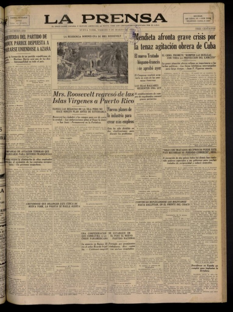 Miniatura de La Prensa: único diario español e hispano americano en Nueva York del 9 de marzo de 1934, nº 5341
