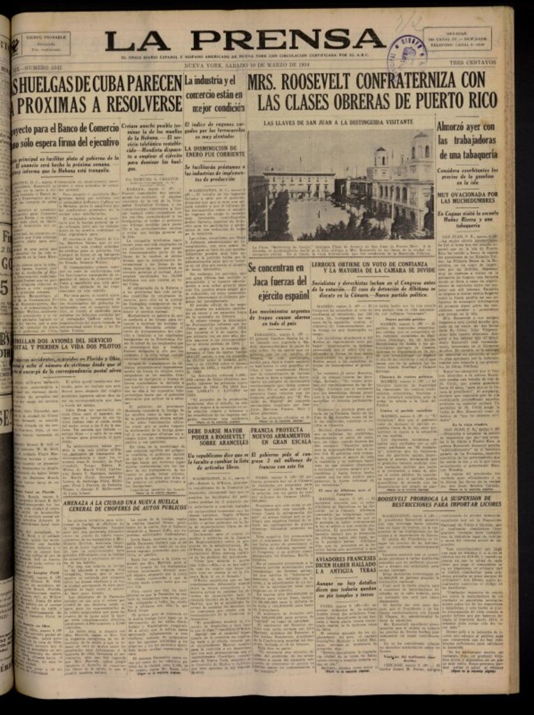 Miniatura de La Prensa: único diario español e hispano americano en Nueva York del 10 de marzo de 1934, nº 5342