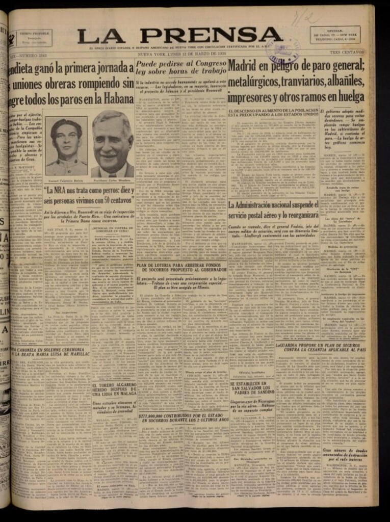 Miniatura de La Prensa: único diario español e hispano americano en Nueva York del 12 de marzo de 1934, nº 5343