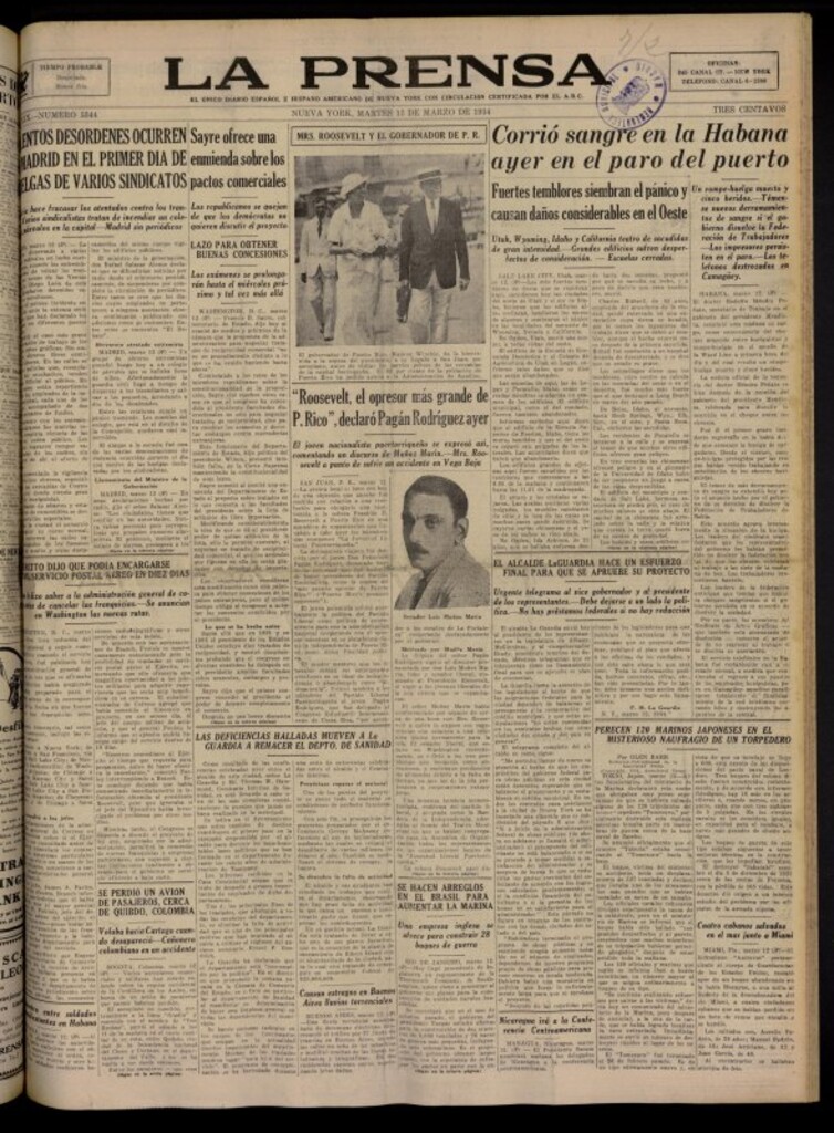 Miniatura de La Prensa: único diario español e hispano americano en Nueva York del 13 de marzo de 1934, nº 5344