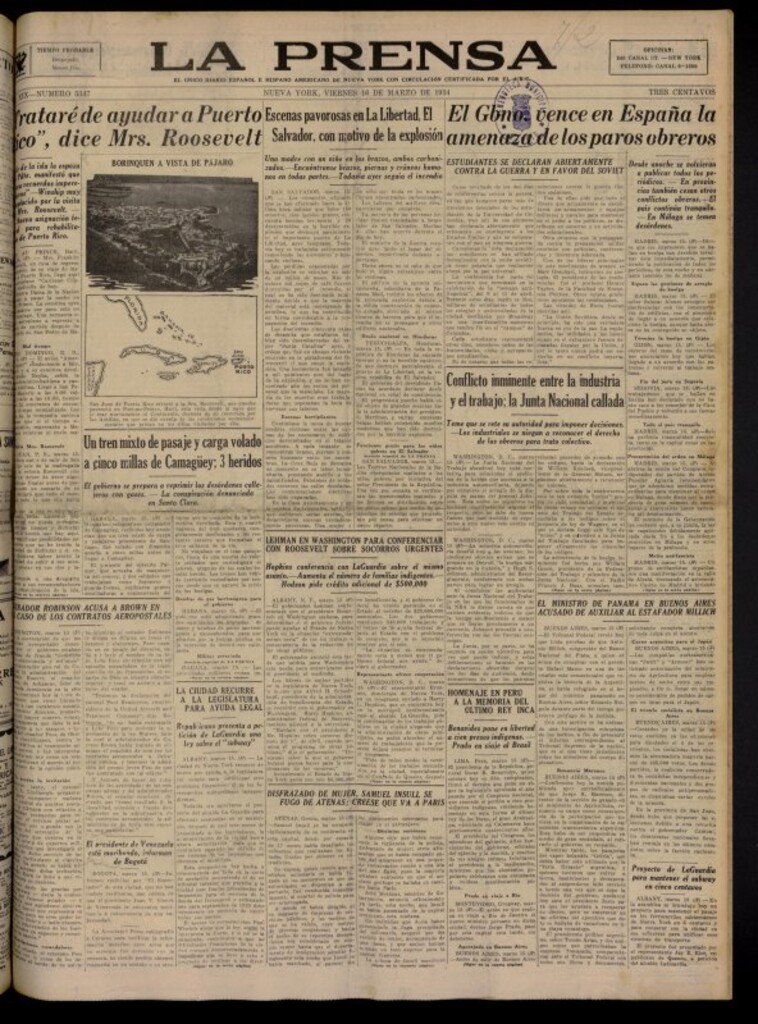 Miniatura de La Prensa: único diario español e hispano americano en Nueva York del 16 de marzo de 1934, nº 5347