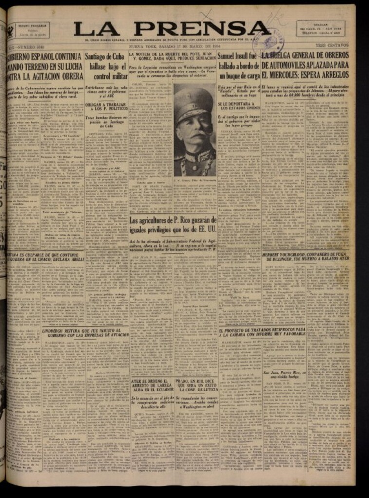 Miniatura de La Prensa: único diario español e hispano americano en Nueva York del 17 de marzo de 1934, nº 5348