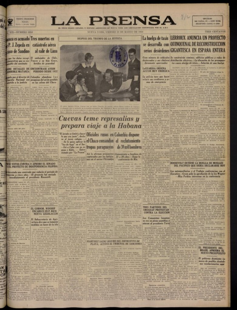 Miniatura de La Prensa: único diario español e hispano americano en Nueva York del 23 de marzo de 1934, nº 5353