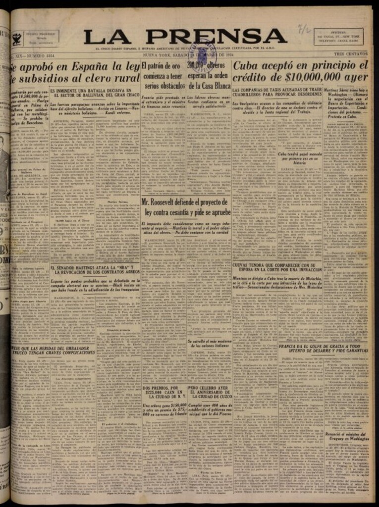 Miniatura de La Prensa: único diario español e hispano americano en Nueva York del 24 de marzo de 1934, nº 5354