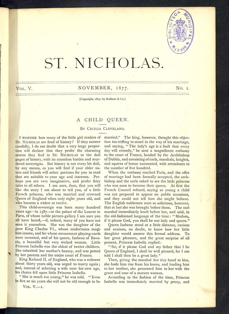 Miniatura de Saint Nicholas : scribner´s illustrated magazine for girls and boys, noviembre de 1877, vol 5, nº 1