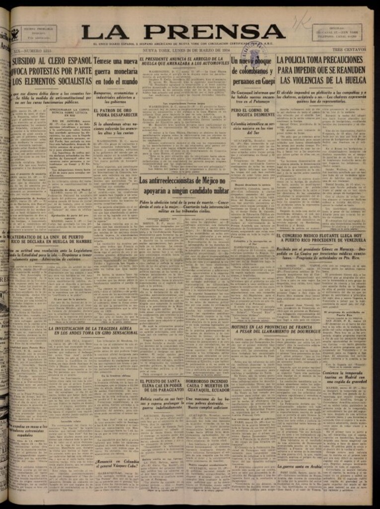 Miniatura de La Prensa: único diario español e hispano americano en Nueva York del 26 de marzo de 1934, nº 5355